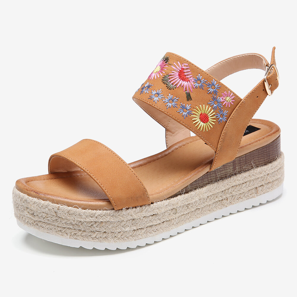 Women Espadrilles Embroidery Flowers Buckle Strap Slingback Platform Sandals