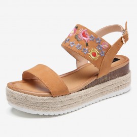 Women Espadrilles Embroidery Flowers Buckle Strap Slingback Platform Sandals