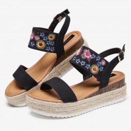 Women Espadrilles Embroidery Flowers Buckle Strap Slingback Platform Sandals