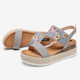 Women Espadrilles Embroidery Flowers Buckle Strap Slingback Platform Sandals