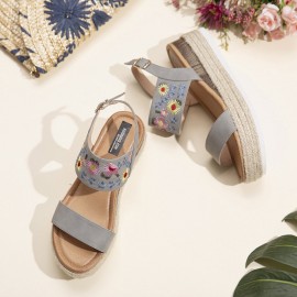 Women Espadrilles Embroidery Flowers Buckle Strap Slingback Platform Sandals