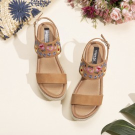 Women Espadrilles Embroidery Flowers Buckle Strap Slingback Platform Sandals