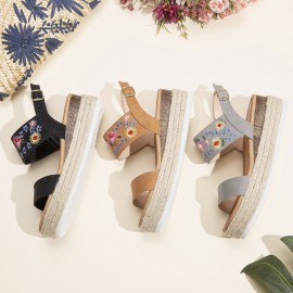 Women Espadrilles Embroidery Flowers Buckle Strap Slingback Platform Sandals