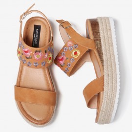 Women Espadrilles Embroidery Flowers Buckle Strap Slingback Platform Sandals