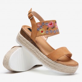 Women Espadrilles Embroidery Flowers Buckle Strap Slingback Platform Sandals