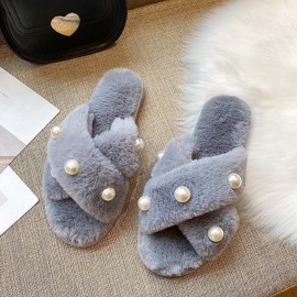 Women's Pearl Inlay Warm Lined Casual Winter Plush Slippers