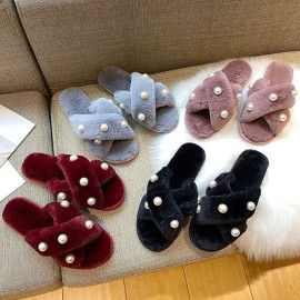 Women's Pearl Inlay Warm Lined Casual Winter Plush Slippers