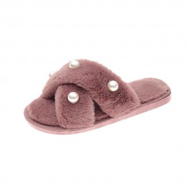 Women's Pearl Inlay Warm Lined Casual Winter Plush Slippers