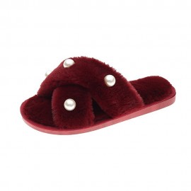 Women's Pearl Inlay Warm Lined Casual Winter Plush Slippers