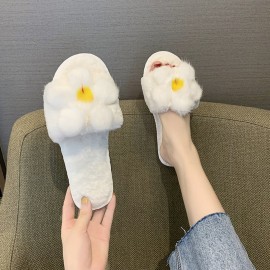 Women Flower Decor Non Slip Soft Comfy Plush Cotton Slippers