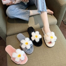 Women Flower Decor Non Slip Soft Comfy Plush Cotton Slippers