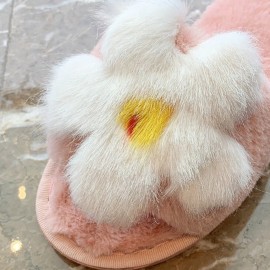 Women Flower Decor Non Slip Soft Comfy Plush Cotton Slippers