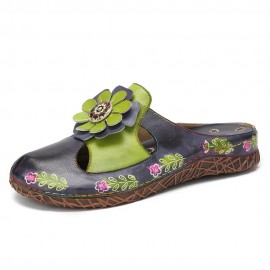 Socofy Genuine Leather Hand Made Retro Ethnic Floral Embellished Slip-On Comfortable Closed Toe Slippers