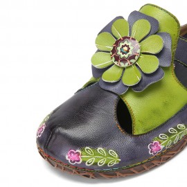 Socofy Genuine Leather Hand Made Retro Ethnic Floral Embellished Slip-On Comfortable Closed Toe Slippers