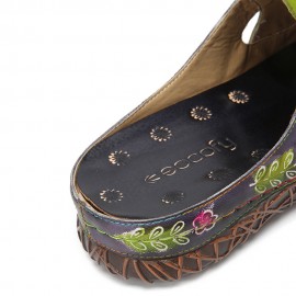 Socofy Genuine Leather Hand Made Retro Ethnic Floral Embellished Slip-On Comfortable Closed Toe Slippers