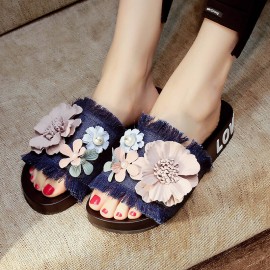 Women Casual Beach Flowers Denim Cloth Slippers