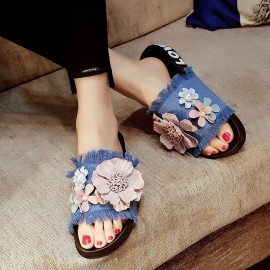 Women Casual Beach Flowers Denim Cloth Slippers