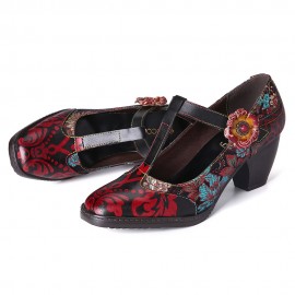 SOCOFY Retro Florals Embroidery Flowers Leather Low Heel T-strap Hook Loop Pumps