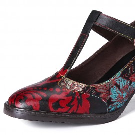 SOCOFY Retro Florals Embroidery Flowers Leather Low Heel T-strap Hook Loop Pumps