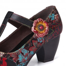 SOCOFY Retro Florals Embroidery Flowers Leather Low Heel T-strap Hook Loop Pumps