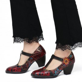 SOCOFY Retro Florals Embroidery Flowers Leather Low Heel T-strap Hook Loop Pumps