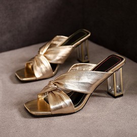 Women Comfy Gold & Silver Clear Heeled Slippers