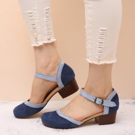 Women Round Toe Buckle Block Heel Casual D'Orsay Pumps