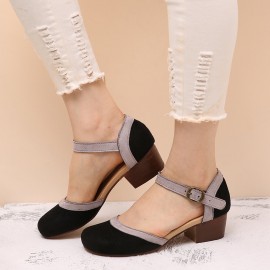 Women Round Toe Buckle Block Heel Casual D'Orsay Pumps