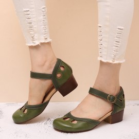 Women Hollow Out Color Stitching Plus Size Buckle Chunky Heel Casual Pumps