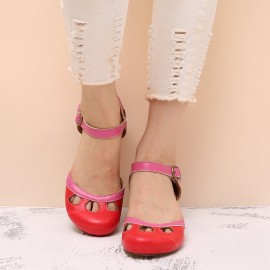 Women Hollow Out Color Stitching Plus Size Buckle Chunky Heel Casual Pumps