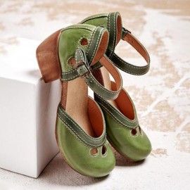 Women Hollow Out Color Stitching Plus Size Buckle Chunky Heel Casual Pumps