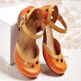 Women Hollow Out Color Stitching Plus Size Buckle Chunky Heel Casual Pumps