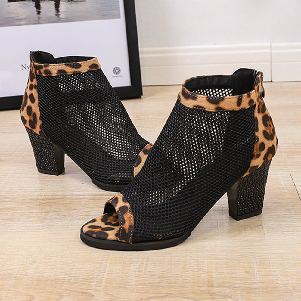 Women Casual Mesh Breathable Chunky Heel Hollow Out Peep-toe Pumps Shoes