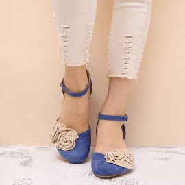 Women Vintage Flower Decoration Round Toe Ankle Strap Hook Loop Casual Heels Pumps