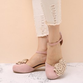 Women Vintage Flower Decoration Round Toe Ankle Strap Hook Loop Casual Heels Pumps