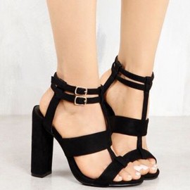 Women Summer Buckle Block Open Toe High Heels Pumps