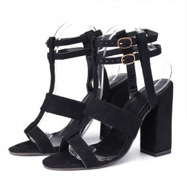 Women Summer Buckle Block Open Toe High Heels Pumps