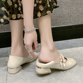 Women Round Toe Solid Color Block Heel Slip On Loafers