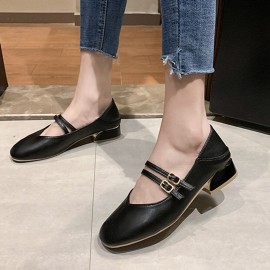 Women Round Toe Solid Color Block Heel Slip On Loafers