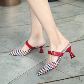 Women Retro Elegant Lattice Pattern Pointed Toe Backless Cone Heel Shoes