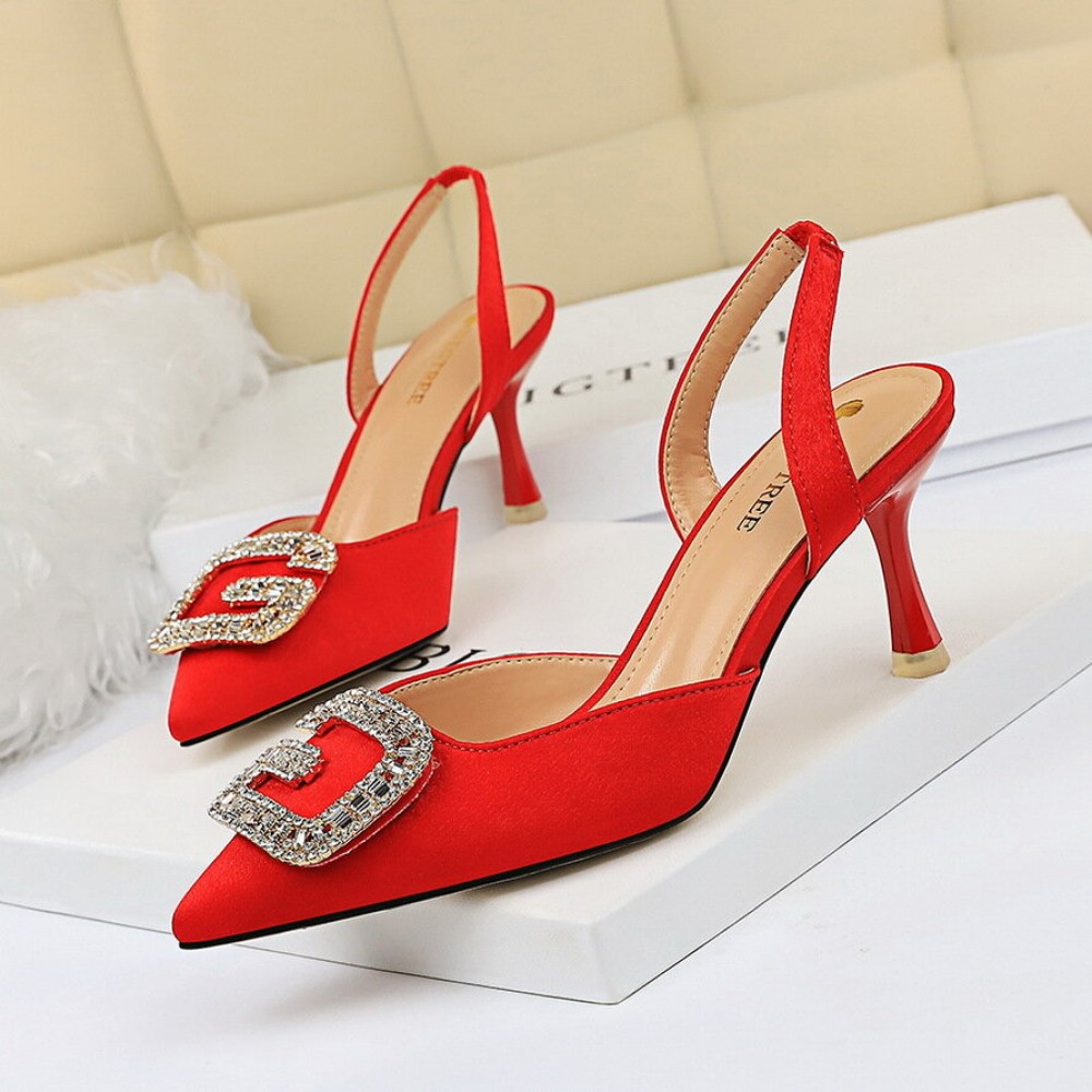 Women Rhinestone Pointed Toe Slingback Buckle Fashion High Heel Pumps