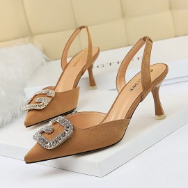 Women Rhinestone Pointed Toe Slingback Buckle Fashion High Heel Pumps