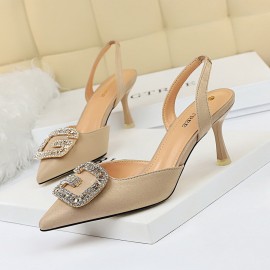 Women Rhinestone Pointed Toe Slingback Buckle Fashion High Heel Pumps