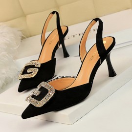 Women Rhinestone Pointed Toe Slingback Buckle Fashion High Heel Pumps