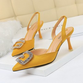 Women Rhinestone Pointed Toe Slingback Buckle Fashion High Heel Pumps